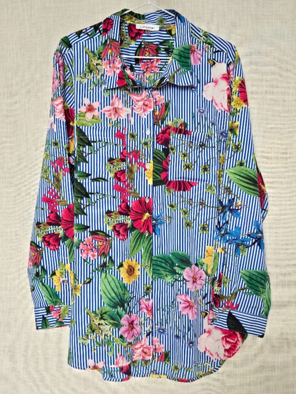 Calvin Klein Blue & White Stripe Floral Button Up Long Sleeve Tunic Shirt XL